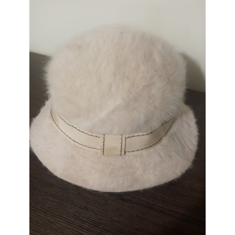 Vintage Kangol Hat Womens Bucket Fedora Soft Fuzzy Faux Fur Cap Beige Ladies
